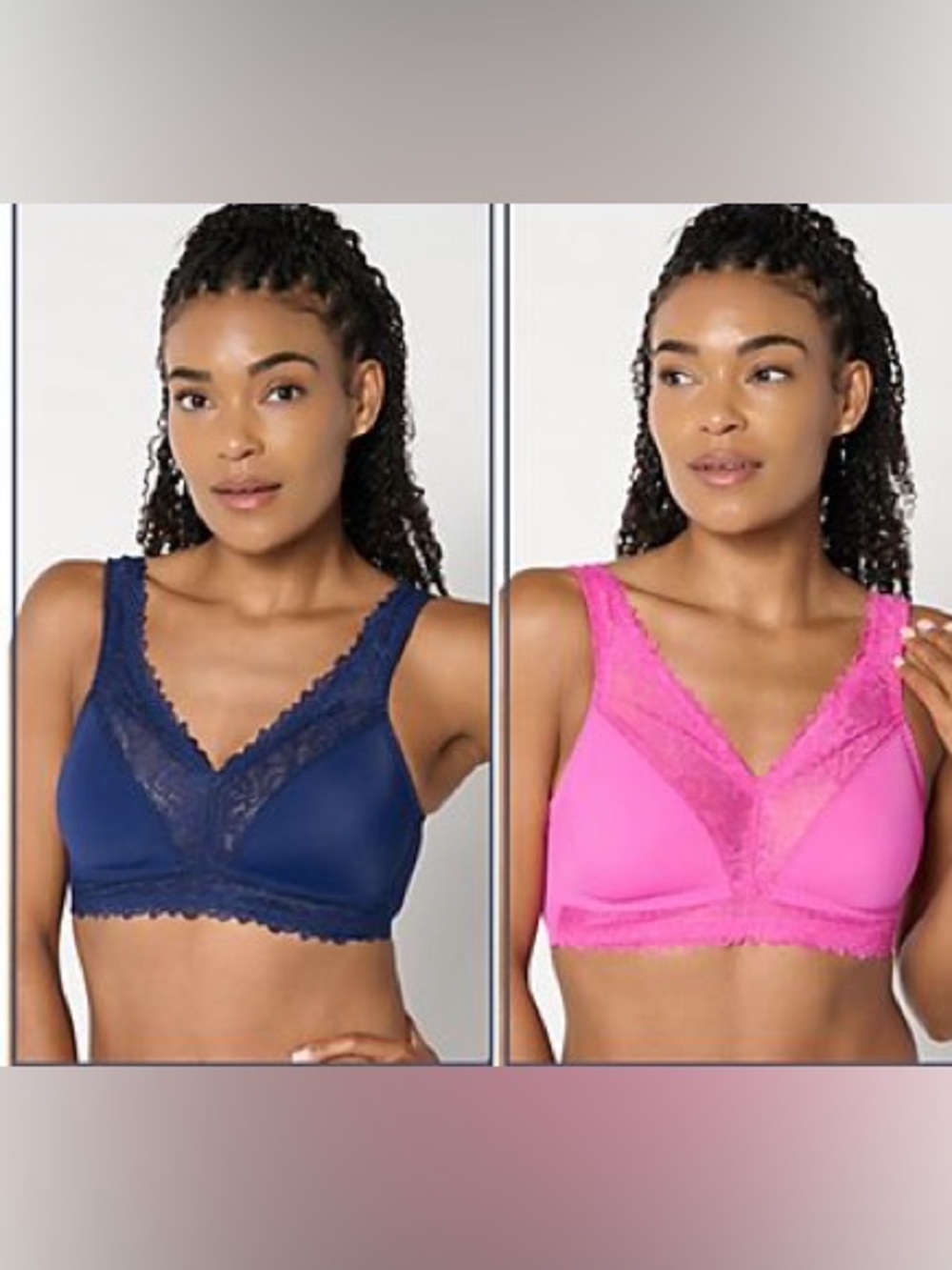 Breezies Lace-Trim Set of 2 Lace Soft Support Wirefree Bra - Navy & Hot Pink